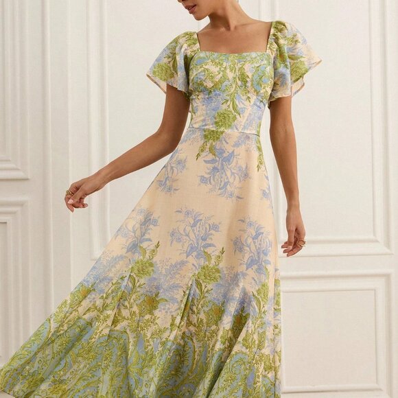 Green Elegant Women's Floral Dress - Picture 5 of 6